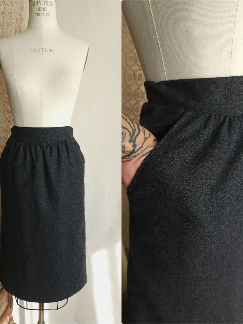 Vintage 1970s 1980s Pencil Skirt with Pockets, Russ Gray Wool Size 8